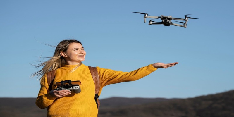 mujer sonriente tiro medio drone afuera 23 2149392709